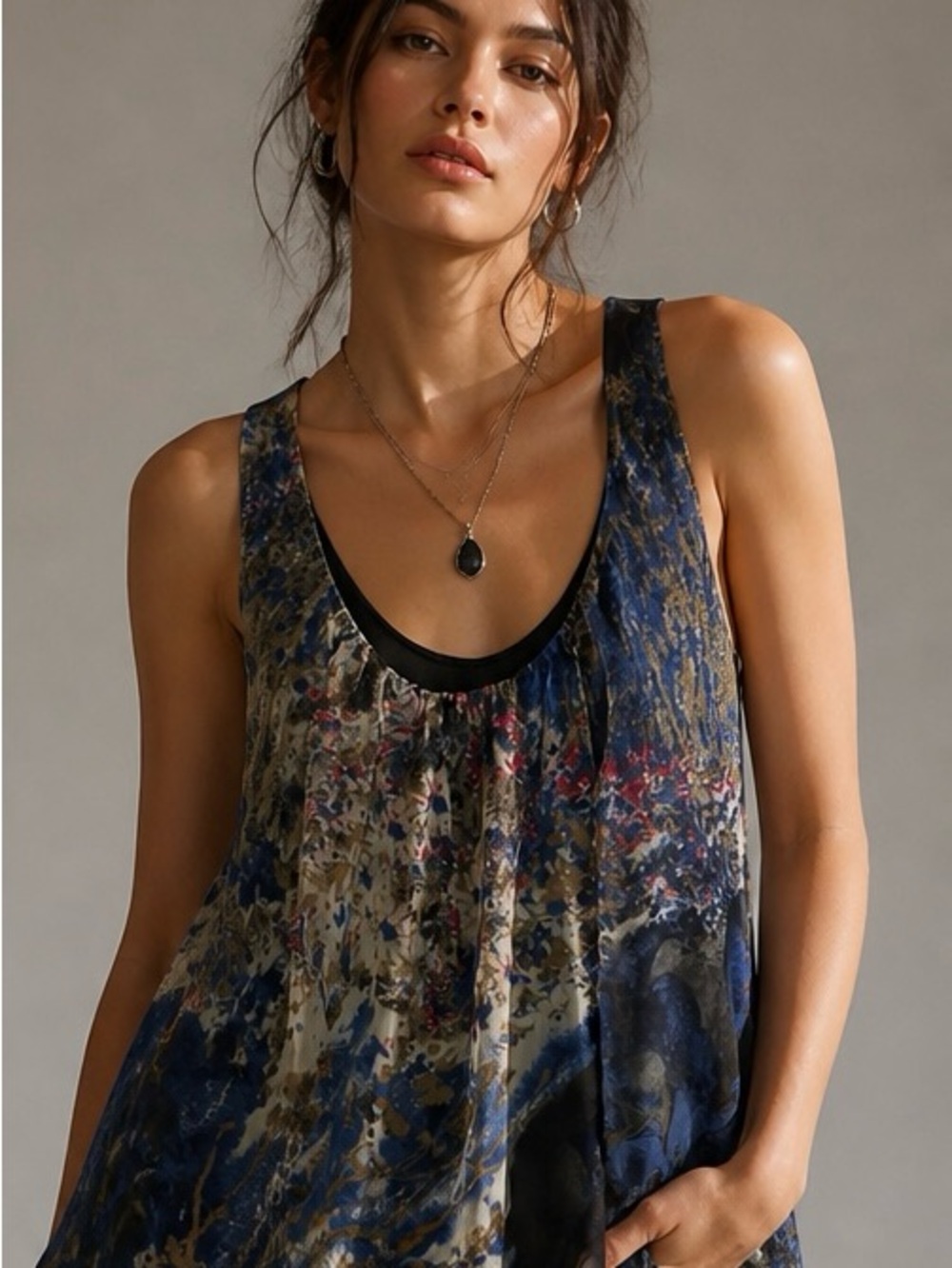 Blue Abstract Print Layered Tank Open Back Ruffle V Strap Boho Medium